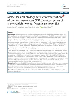 Molecular and Phylogenetic Characterization of the Homoeologous EPSP Synthase Genes of Allohexaploid Wheat, Triticum Aestivum (L.) Attawan Aramrak1, Kimberlee K