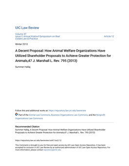 A Decent Proposal: How Animal Welfare Organizations Have Utilized Shareholder Proposals to Achieve Greater Protection for Animals,47 J