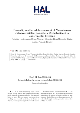 Fecundity and Larval Development of Monochamus Galloprovincialis (Coleoptera Cerambycidae) in Experimental Breeding Fotini A