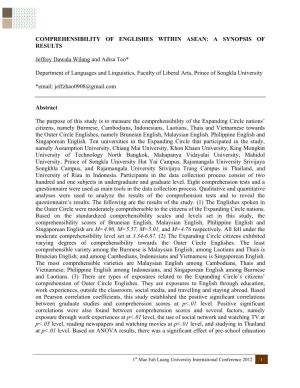 Comprehensibility of Englishes Within Asean: a Synopsis of Results