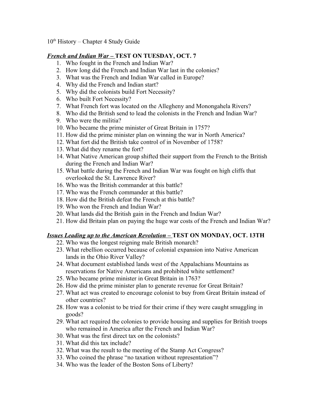 10Th History Chapter 4 Study Guide