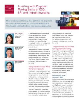 Making Sense of ESG, SRI and Impact Investing INSIGHTS
