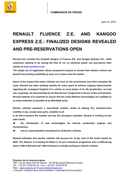 Renault Fluence Z.E. and Kangoo Express Z.E.: Finalized Designs Revealed and Pre-Reservations Open