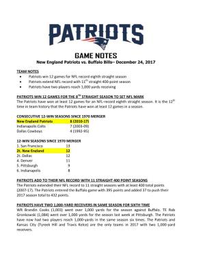 GAME NOTES New England Patriots Vs