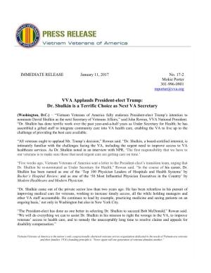 VVA Applauds President-Elect Trump: Dr