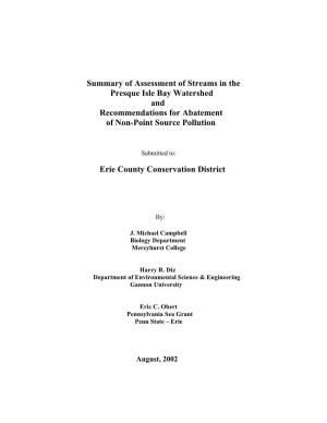 Summary of Assessment of Streams in the Presque Isle Bay Watershed and Recommendations for Abatement of Non-Point Source Pollution