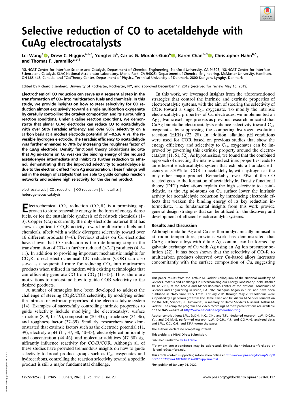 Selective Reduction of CO to Acetaldehyde with Cuag Electrocatalysts