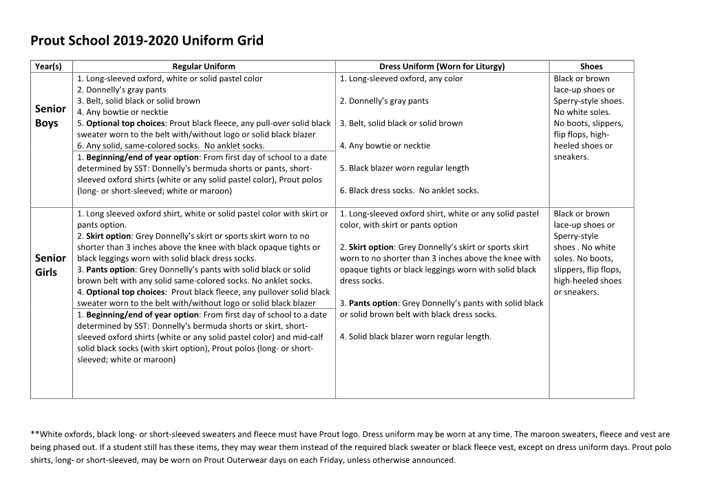 Prout School 2019-2020 Uniform Grid