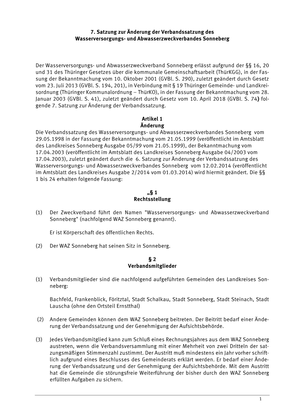 Verbandssatzung Des Wasserversorgungs- Und Abwasserzweckverbandes Sonneberg