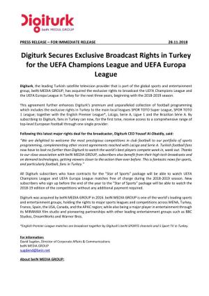 Digiturk Secures Exclusive Broadcast Rights in Turkey for the UEFA Champions League and UEFA Europa League