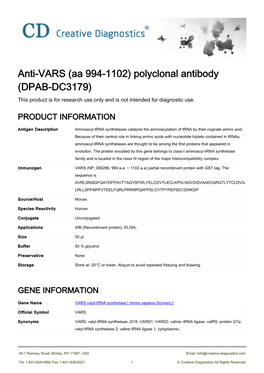 Anti-VARS (Aa 994-1102) Polyclonal Antibody (DPAB-DC3179) This Product Is for Research Use Only and Is Not Intended for Diagnostic Use