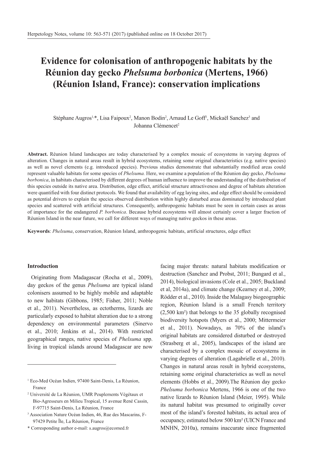 Evidence for Colonisation of Anthropogenic Habitats by the Réunion Day Gecko Phelsuma Borbonica (Mertens, 1966) (Réunion Island, France): Conservation Implications