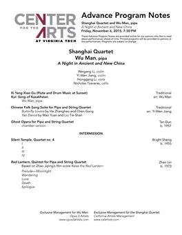 Advance Program Notes Shanghai Quartet and Wu Man, Pipa a Night in Ancient and New China Friday, November 6, 2015, 7:30 PM