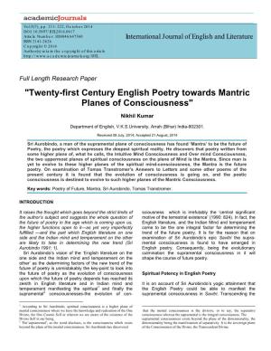 "Twenty-First Century English Poetry Towards Mantric Planes of Consciousness"