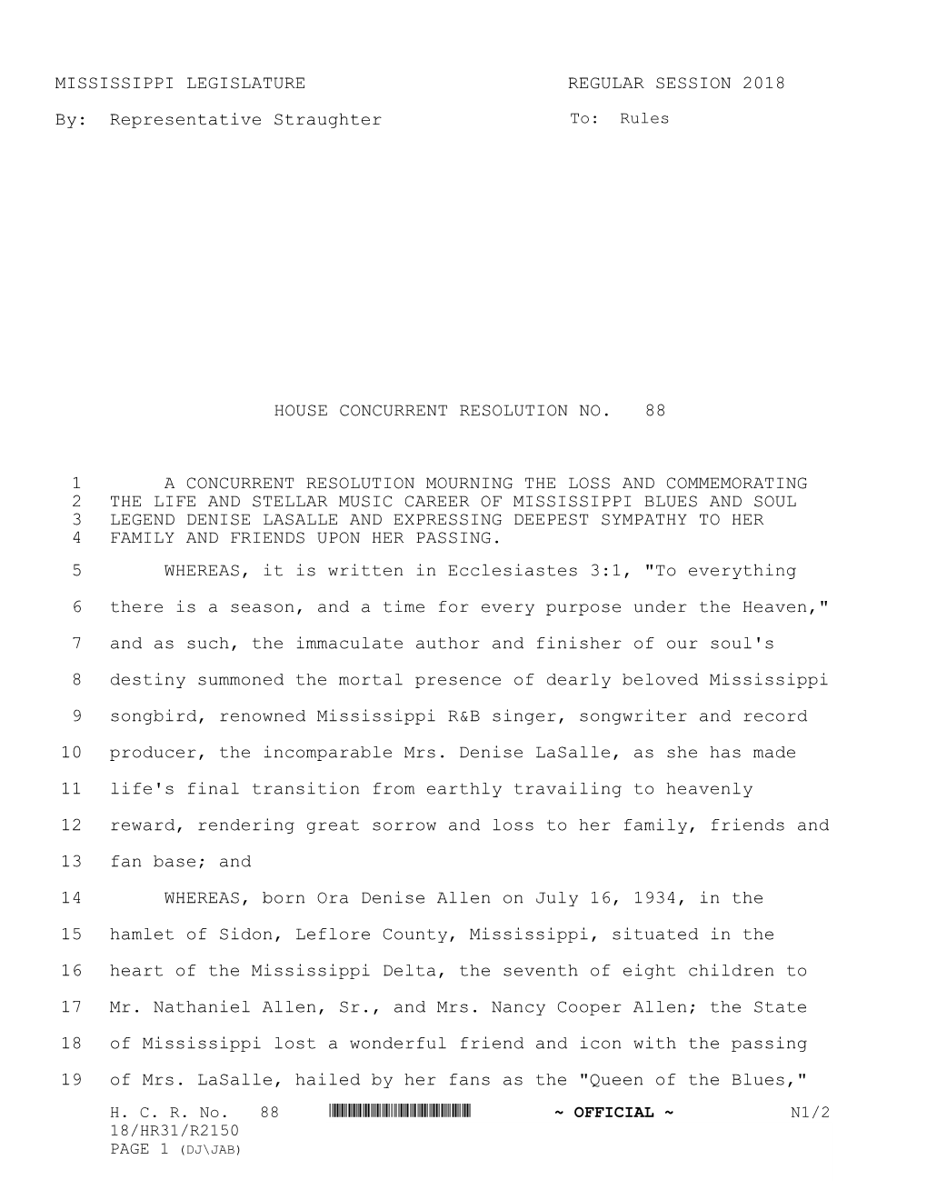 MISSISSIPPI LEGISLATURE REGULAR SESSION 2018 By