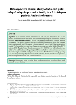 Retrospective Clinical Study of 656 Cast Gold Inlays/Onlays in Posterior Teeth, in a 5 to 44-Year Period: Analysis of Results