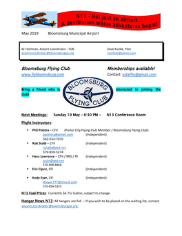 Bloomsburg Flying Club Memberships Available! Contact: Astaffin@Gmail.Com
