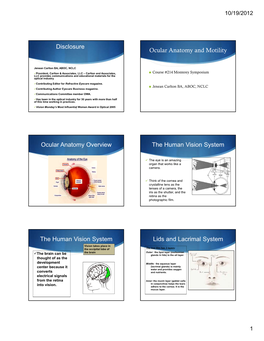 Disclosure Ocular Anatomy and Motility Ocular Anatomy Overview the Human Vision System the Human Vision System Lids and Lacrimal