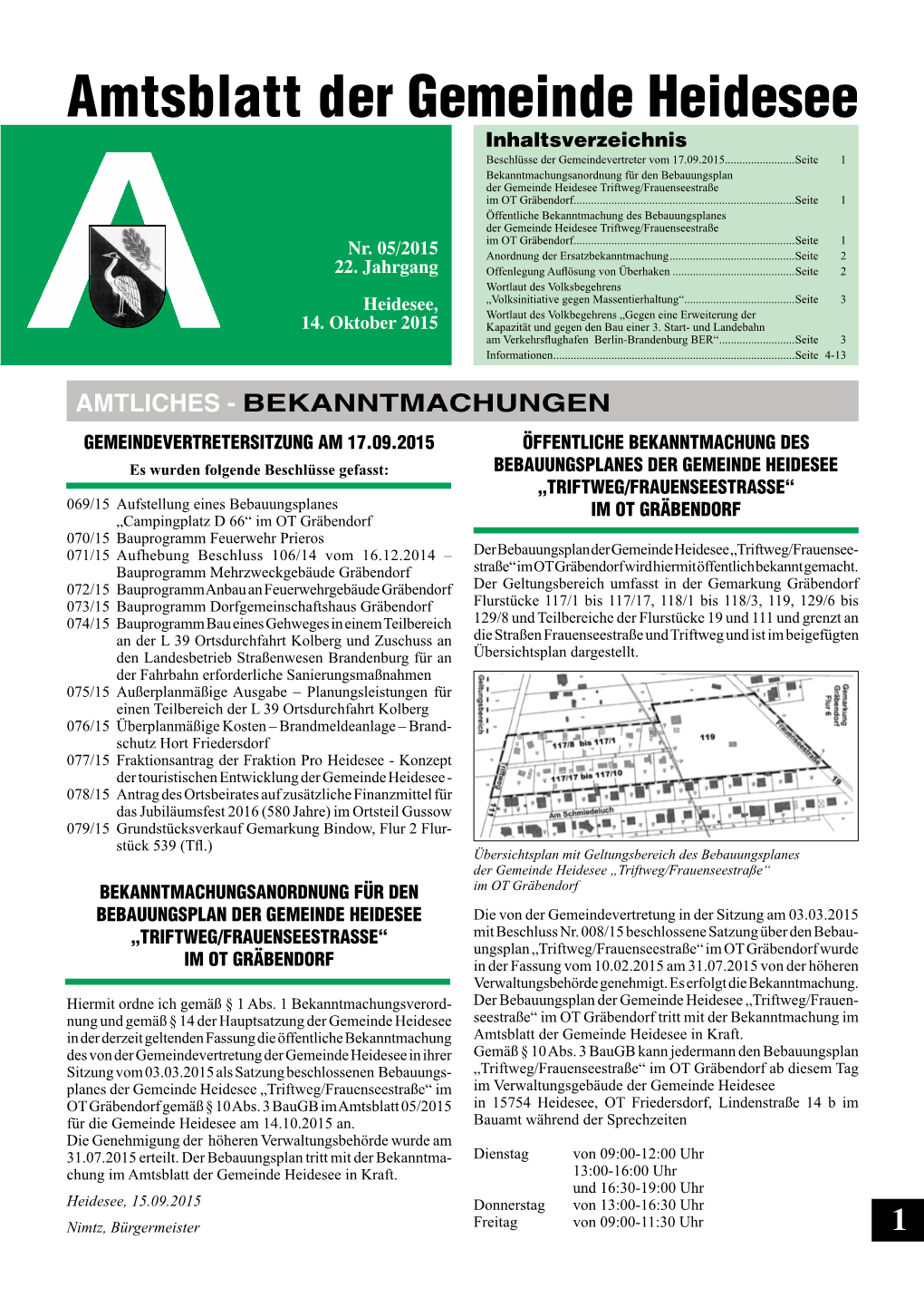 Amtsblatt Der Gemeinde Heidesee Inhaltsverzeichnis Beschlüsse Der Gemeindevertreter Vom 17.09.2015