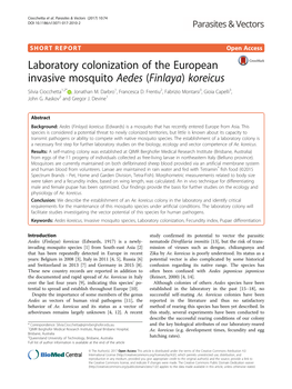Laboratory Colonization of the European Invasive Mosquito Aedes (Finlaya) Koreicus Silvia Ciocchetta1,2* , Jonathan M