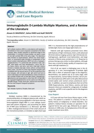Immunoglobulin D-Lambda Multiple Myeloma, and a Review of the Literature Aissam EL MAATAOUI*, Salma FARES and Aadil TAOUFIK
