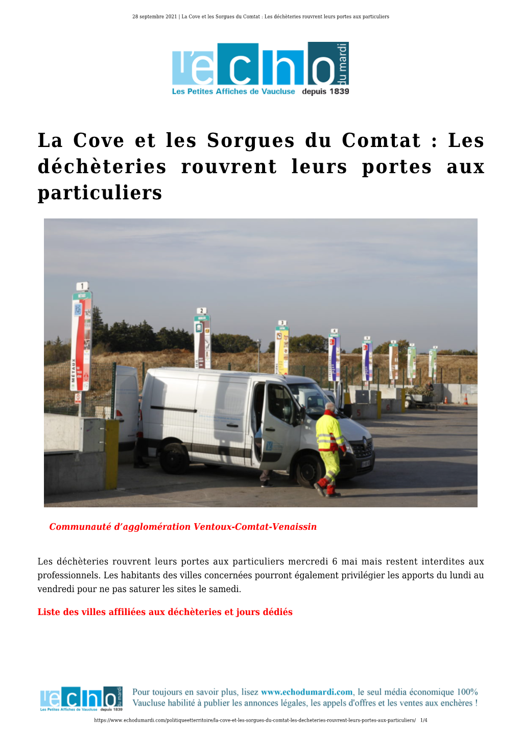 La Cove Et Les Sorgues Du Comtat : Les Déchèteries Rouvrent Leurs Portes Aux Particuliers