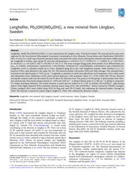Langhofite, Pb2(OH)[WO4(OH)], a New Mineral from Långban, Sweden