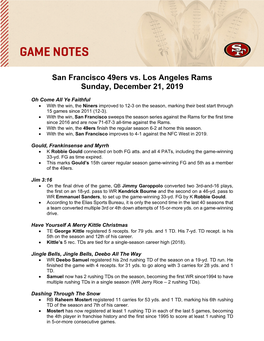 San Francisco 49Ers Vs. Los Angeles Rams Sunday, December 21, 2019