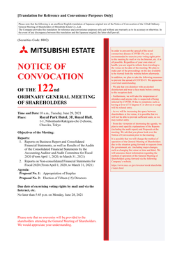 Notice of Convocation of the 122Nd Ordinary General Meeting of Shareholders of Mitsubishi Estate Co., Ltd