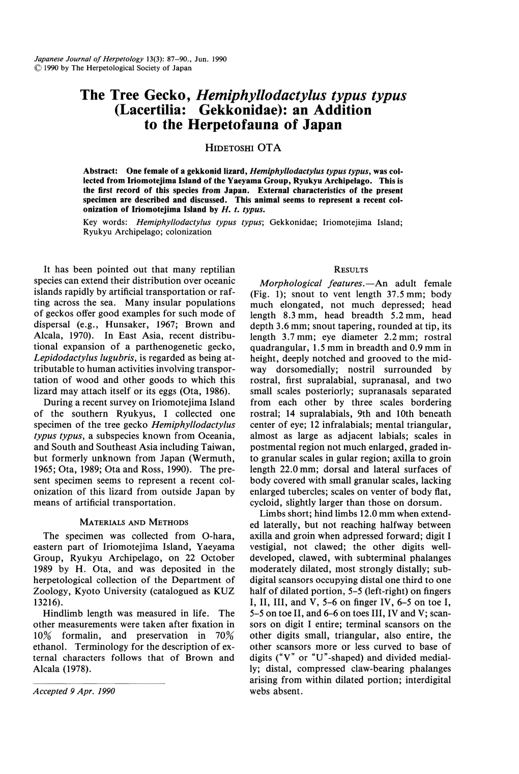 The Tree Gecko, Hemiphyllodactylus Typus Typus (Lacertilia: Gekkonidae): an Addition to the Herpetofauna of Japan