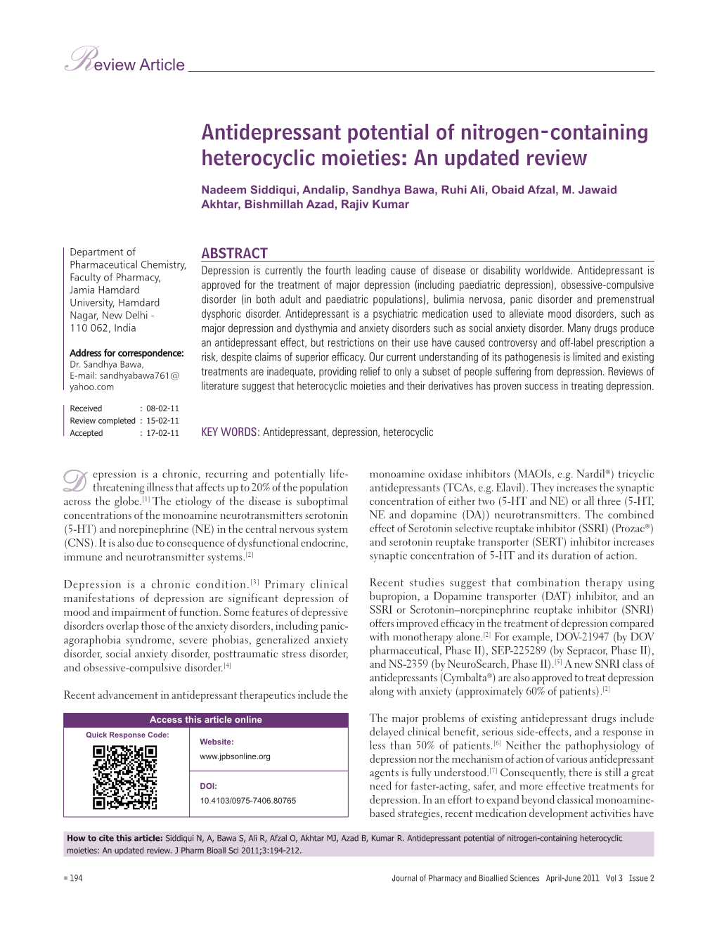 Antidepressant Potential of Nitrogen-Containing Heterocyclic Moieties: an Updated Review