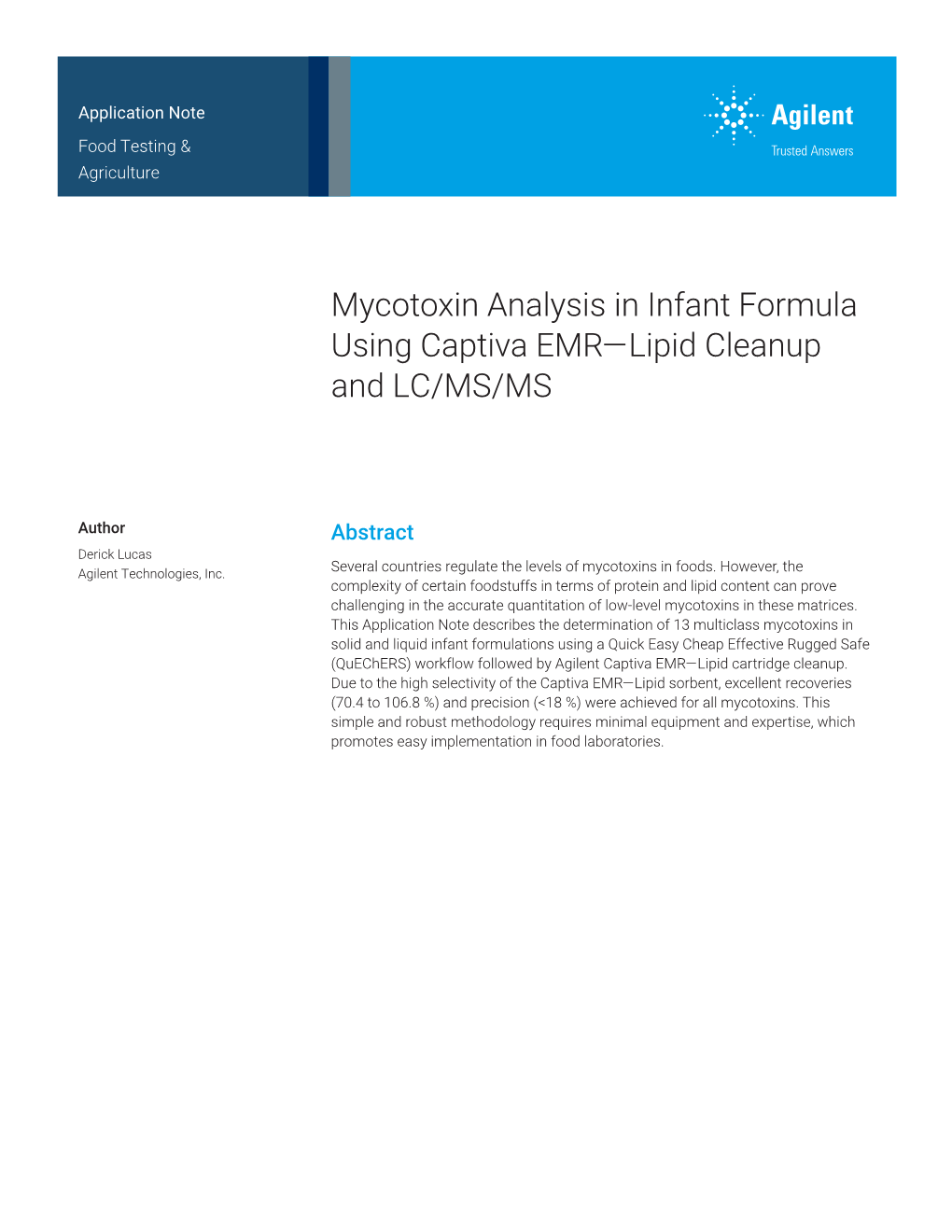 Mycotoxin Analysis in Infant Formula Using Captiva EMR-Lipid