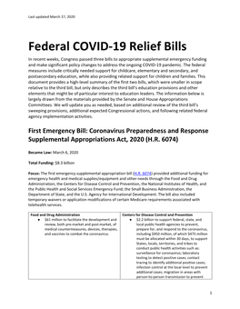 Summary of Federal Emergency Stimulus Bills March 27 2020