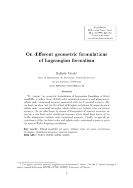 On Different Geometric Formulations of Lagrangian Formalism