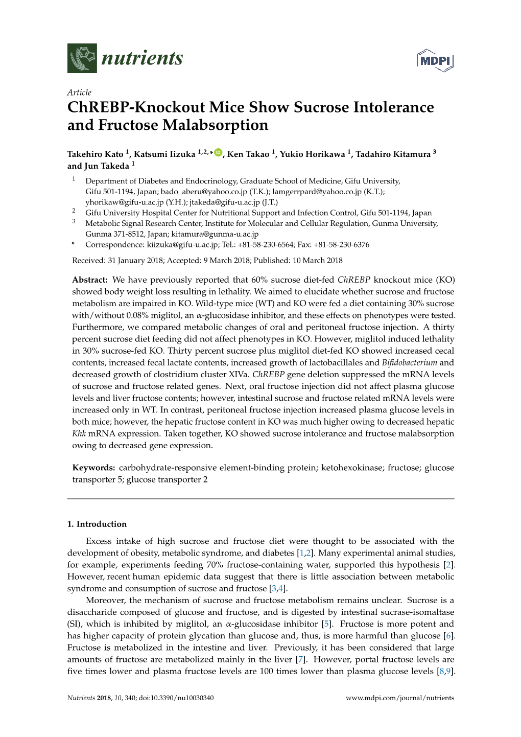 Chrebp-Knockout Mice Show Sucrose Intolerance and Fructose Malabsorption