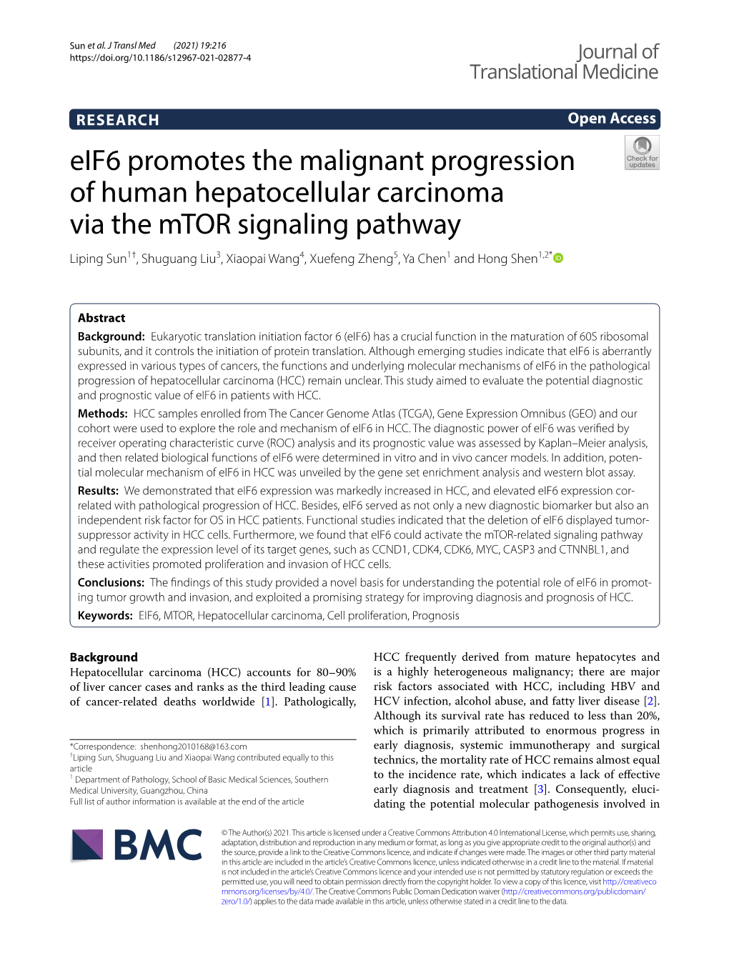 Eif6 Promotes the Malignant Progression of Human