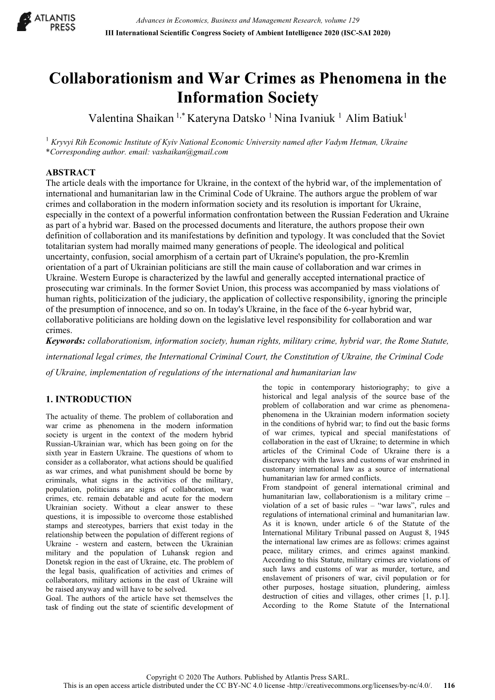 Collaborationism and War Crimes As Phenomena in the Information Society Valentina Shaikan 1,* Kateryna Datsko 1 Nina Ivaniuk 1 Alim Batiuk1