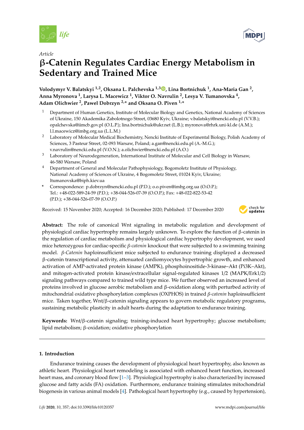 Catenin Regulates Cardiac Energy Metabolism in Sedentary and Trained Mice