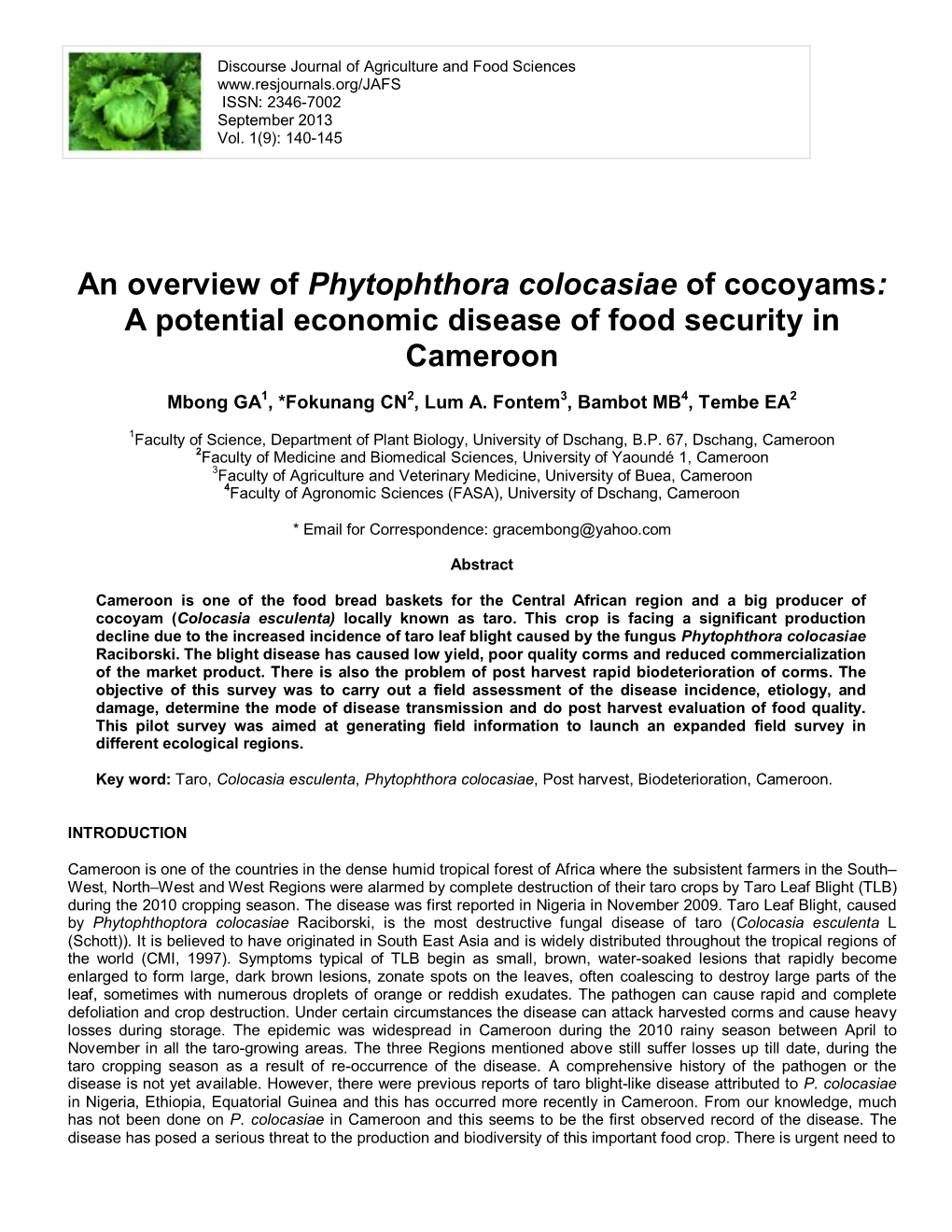 An Overview of Phytophthora Colocasiae of Cocoyams: a Potential Economic Disease of Food Security in Cameroon