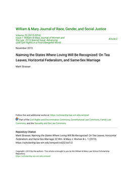 Naiming the States Where Loving Will Be Recognized: on Tea Leaves, Horizontal Federalism, and Same-Sex Marriage