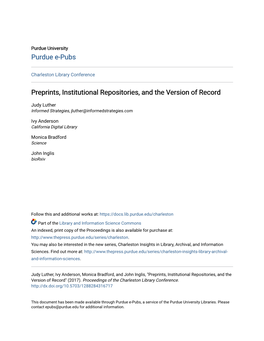 Preprints, Institutional Repositories, and the Version of Record