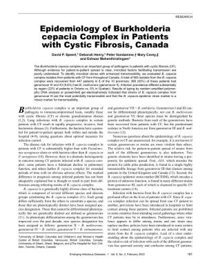 Epidemiology of Burkholderia Cepacia Complex in Patients with Cystic Fibrosis, Canada David P