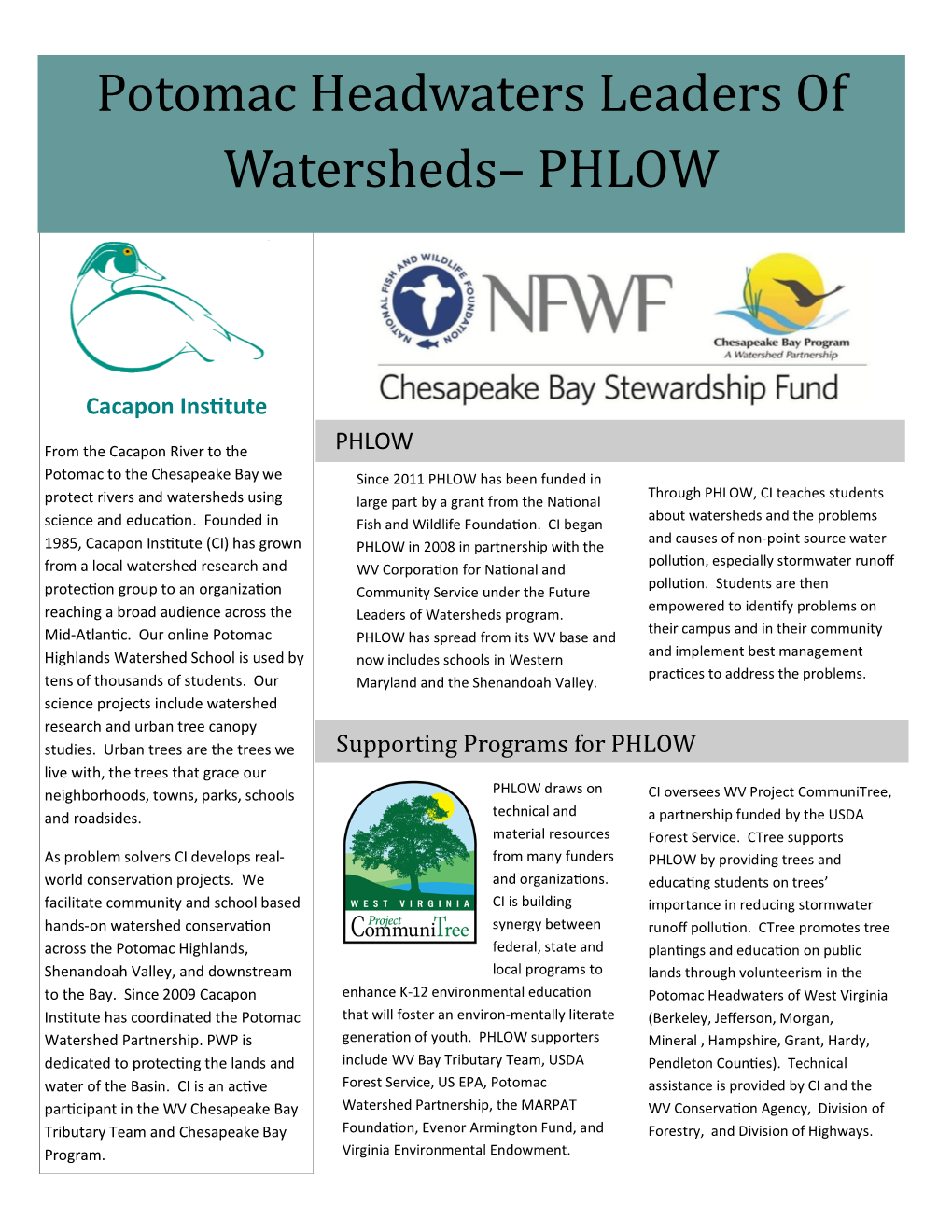 Potomac Headwaters Leaders of Watersheds– PHLOW