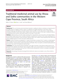 Traditional Medicinal Animal Use by Xhosa and Sotho Communities in the Western Cape Province, South Africa Willem A