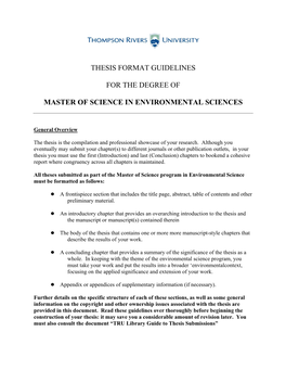 Thesis Format Guidelines for the Degree of Master of Science In