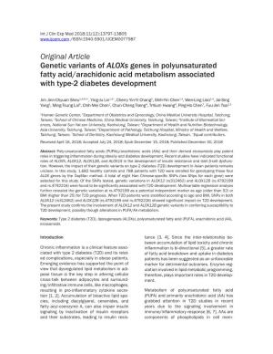 Original Article Genetic Variants of Aloxs Genes in Polyunsaturated Fatty Acid/Arachidonic Acid Metabolism Associated with Type-2 Diabetes Development