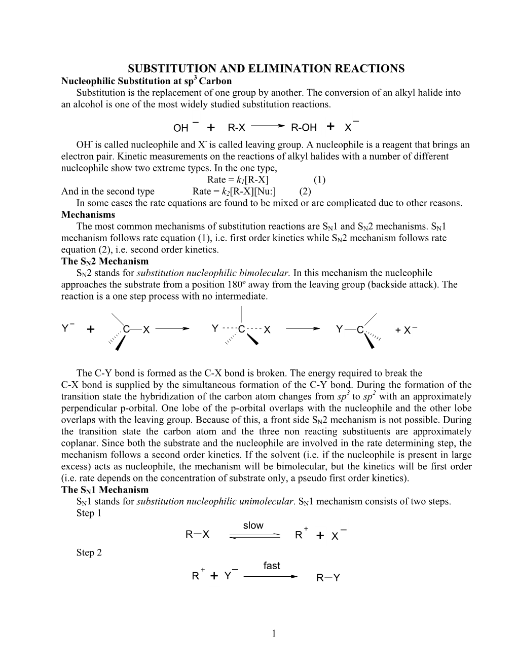 SUBSTITUTION And ELIMINATION REACTIONS Nucleophilic Substitution At Sp3 ...