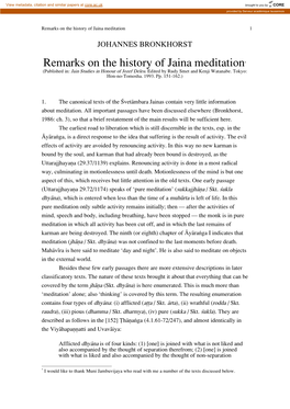 Remarks on the History of Jaina Meditation* (Published In: Jain Studies in Honour of Jozef Deleu
