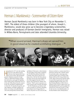 Herman J. Mankiewicz– Screenwriter of Citizen Kane