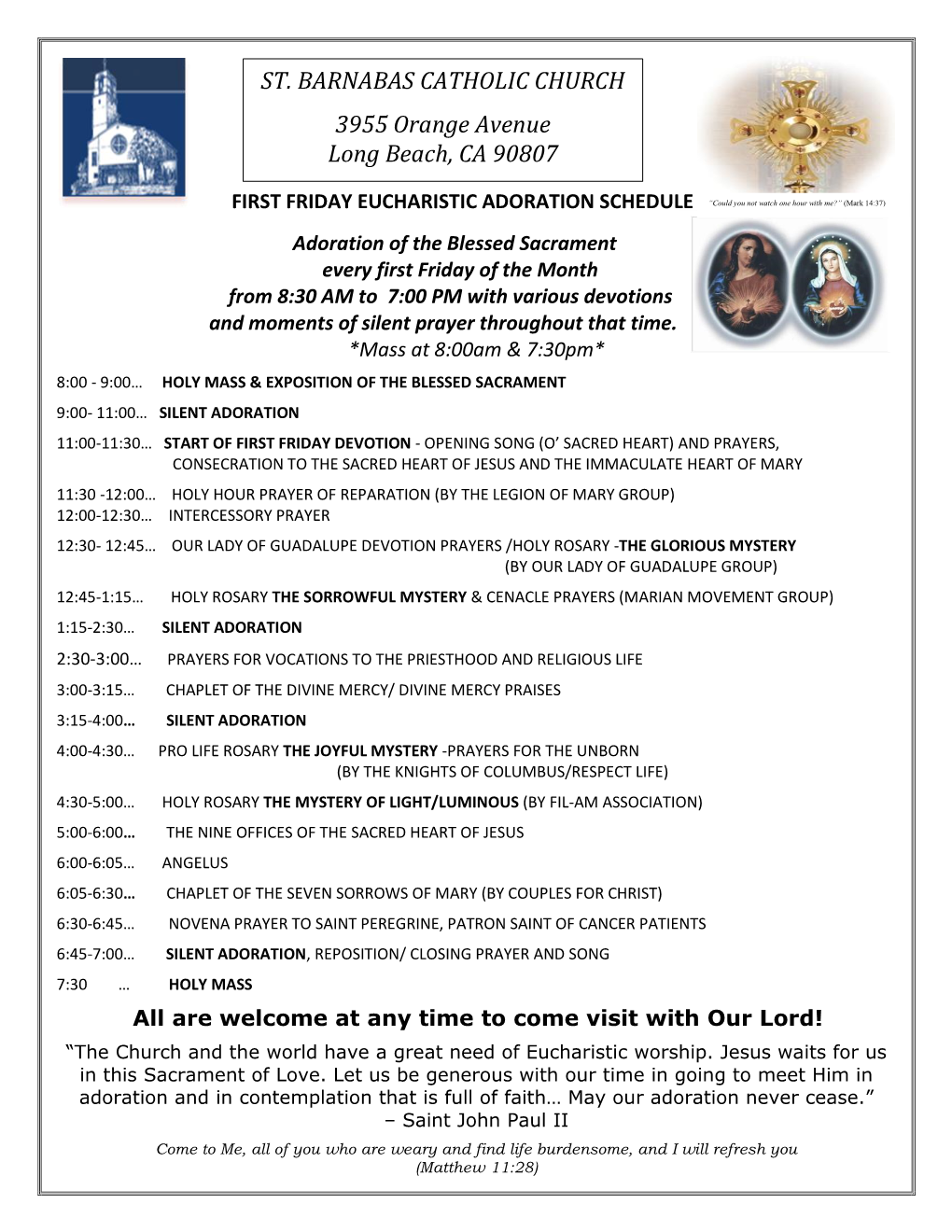 First Friday Eucharistic Adoration Schedule